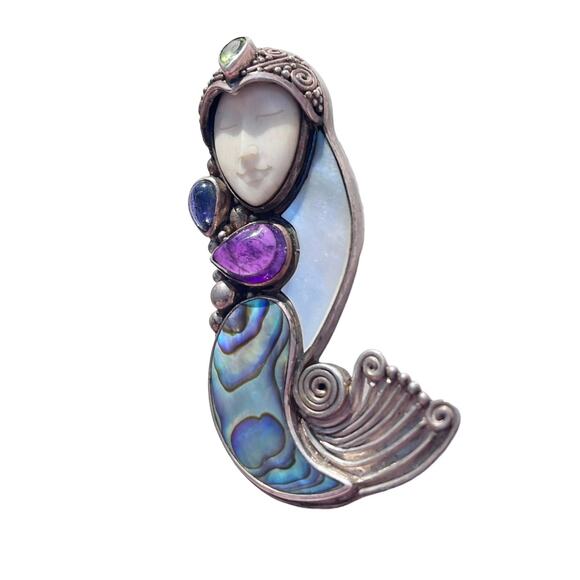 925 Silver Sajen Mermaid PIN PENDANT Abalone Shell Multi Gemstone Bali Goddess - Picture 9 of 10